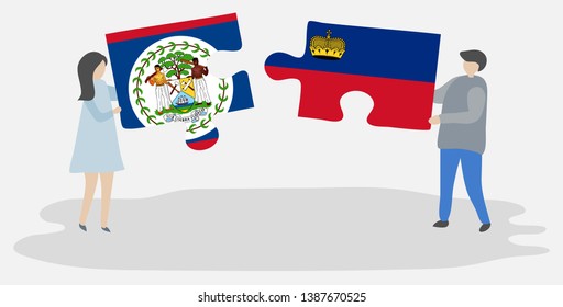 Couple holding two puzzles pieces with Belizean and Liechtenstein flags. Belize and Liechtenstein national symbols together.