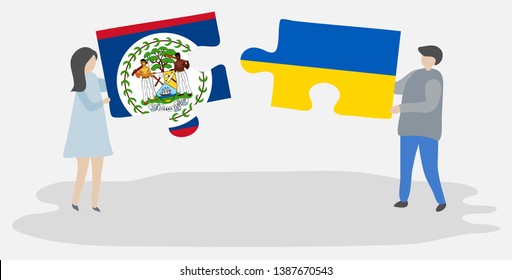 Couple holding two puzzles pieces with Belizean and Ukrainian flags. Belize and Ukraine national symbols together.