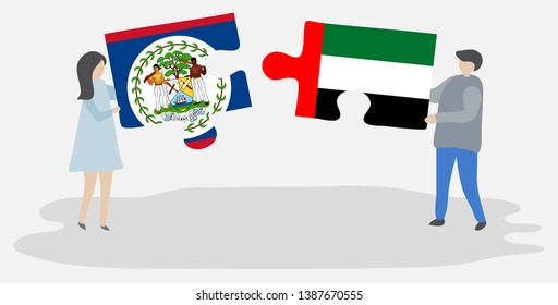 Couple holding two puzzles pieces with Belizean and Emirian flags. Belize and United Arab Emirates national symbols together.