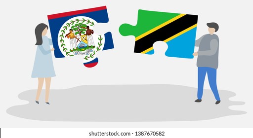 Couple holding two puzzles pieces with Belizean and Tanzanian flags. Belize and Tanzania national symbols together.