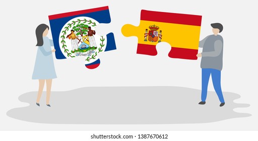 Couple holding two puzzles pieces with Belizean and Spanish flags. Belize and Spain national symbols together.