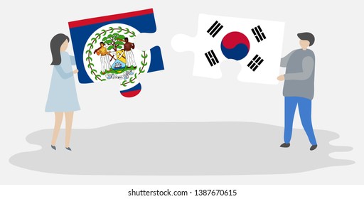 Couple holding two puzzles pieces with Belizean and South Korean flags. Belize and South Korea national symbols together.