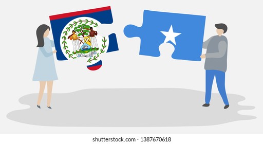 Couple holding two puzzles pieces with Belizean and Somali flags. Belize and Somalia national symbols together.