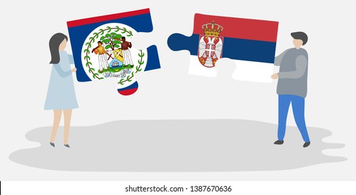 Couple holding two puzzles pieces with Belizean and Serbian flags. Belize and Serbia national symbols together.