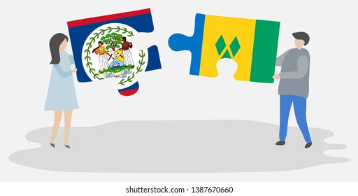 Couple holding two puzzles pieces with Belizean and Vincentian flags. Belize and Saint Vincent and the Grenadines national symbols together.