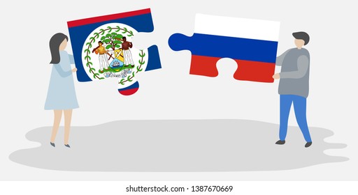 Couple holding two puzzles pieces with Belizean and Russian flags. Belize and Russia national symbols together.