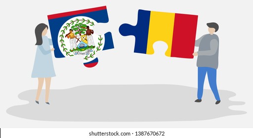 Couple holding two puzzles pieces with Belizean and Romanian flags. Belize and Romania national symbols together.