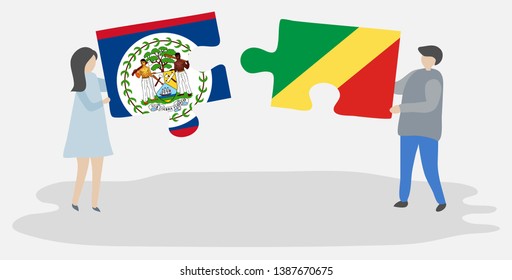 Couple holding two puzzles pieces with Belizean and Congolese flags. Belize and Republic of the Congo national symbols together.
