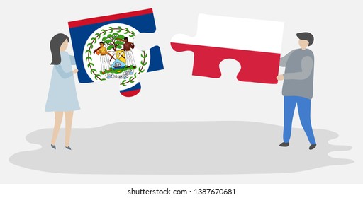 Couple holding two puzzles pieces with Belizean and Polish flags. Belize and Poland national symbols together.