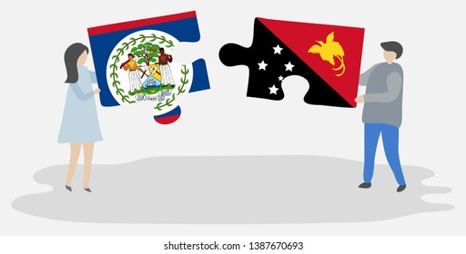 Couple holding two puzzles pieces with Belizean and Papuan flags. Belize and Papua New Guinea national symbols together.