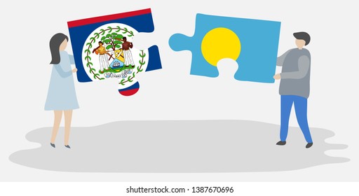 Couple holding two puzzles pieces with Belizean and Palauan flags. Belize and Palau national symbols together.