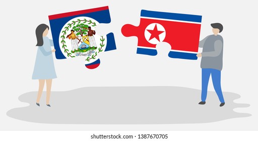 Couple holding two puzzles pieces with Belizean and North Korean flags. Belize and North Korea national symbols together.