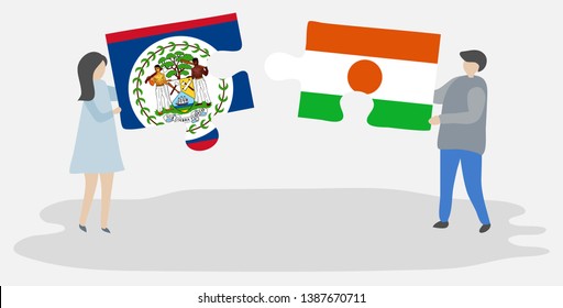 Couple holding two puzzles pieces with Belizean and Nigerien flags. Belize and Niger national symbols together.