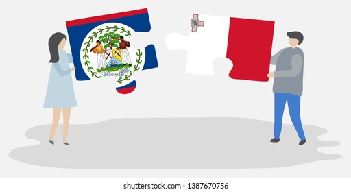 Couple holding two puzzles pieces with Belizean and Maltese flags. Belize and Malta national symbols together.