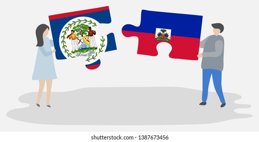 Couple holding two puzzles pieces with Belizean and Haitian flags. Belize and Haiti national symbols together.