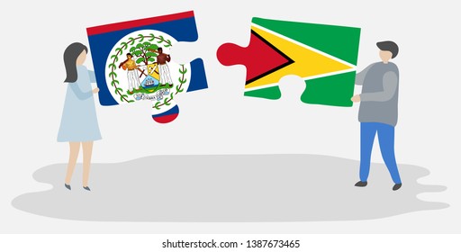 Couple holding two puzzles pieces with Belizean and Guyanese flags. Belize and Guyana national symbols together. svg