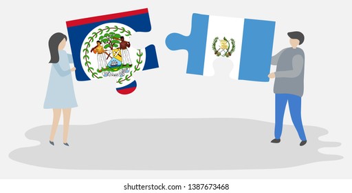 Couple holding two puzzles pieces with Belizean and Guatemalan flags. Belize and Guatemala national symbols together.