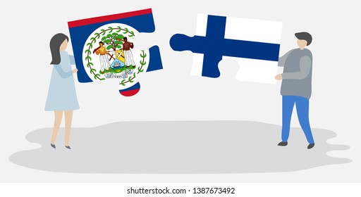 Couple holding two puzzles pieces with Belizean and Finnish flags. Belize and Finland national symbols together.