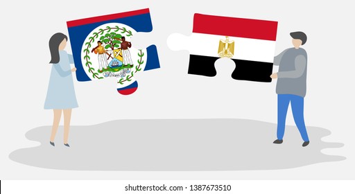 Couple holding two puzzles pieces with Belizean and Egyptian flags. Belize and Egypt national symbols together.