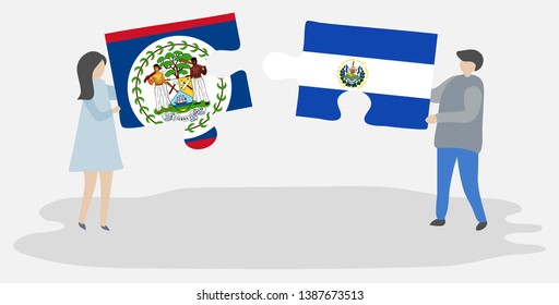 Couple holding two puzzles pieces with Belizean and Salvadoran flags. Belize and El Salvador national symbols together.