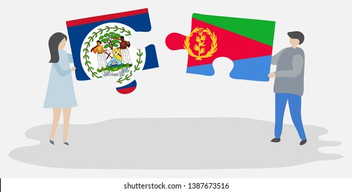 Couple holding two puzzles pieces with Belizean and Eritrean flags. Belize and Eritrea national symbols together.