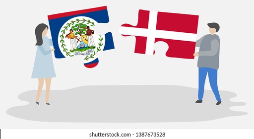 Couple holding two puzzles pieces with Belizean and Danish flags. Belize and Denmark national symbols together.