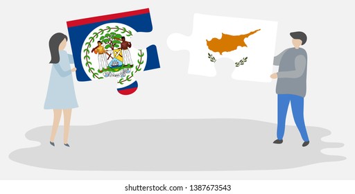 Couple holding two puzzles pieces with Belizean and Cypriot flags. Belize and Cyprus national symbols together.