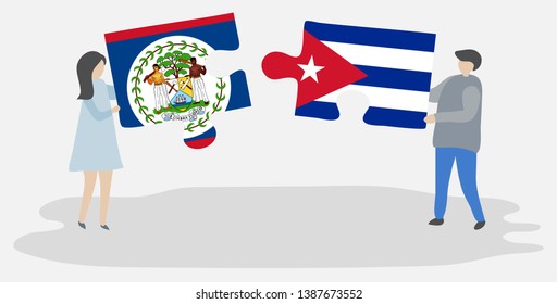 Couple holding two puzzles pieces with Belizean and Cuban flags. Belize and Cuba national symbols together.