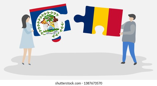 Couple holding two puzzles pieces with Belizean and Chadian flags. Belize and Chad national symbols together.