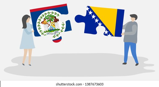 Couple holding two puzzles pieces with Belizean and Bosnian flags. Belize and Bosnia and Herzegovina national symbols together.