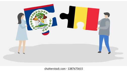 Couple holding two puzzles pieces with Belizean and Belgian flags. Belize and Belgium national symbols together.