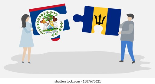 Couple holding two puzzles pieces with Belizean and Barbadian flags. Belize and Barbados national symbols together.
