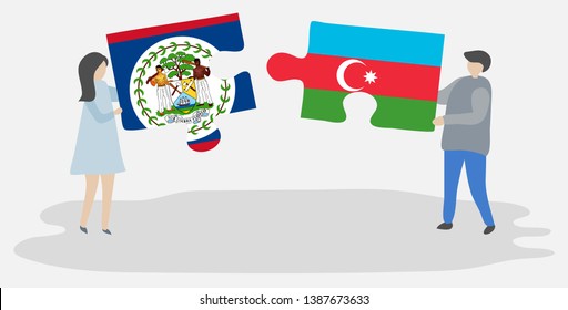 Couple holding two puzzles pieces with Belizean and Azerbaijani flags. Belize and Azerbaijan national symbols together.