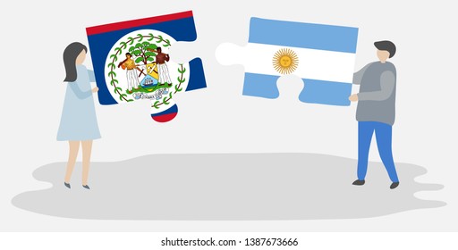 Couple holding two puzzles pieces with Belizean and Argentine flags. Belize and Argentina national symbols together.
