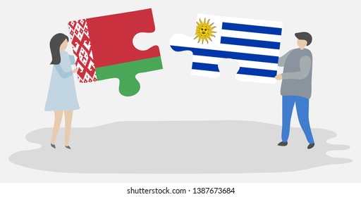 Couple holding two puzzles pieces with Belarusian and Uruguayan flags. Belarus and Uruguay national symbols together.