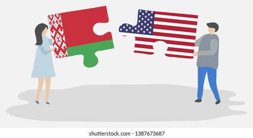 Couple holding two puzzles pieces with Belarusian and American flags. Belarus and United States of America national symbols together.