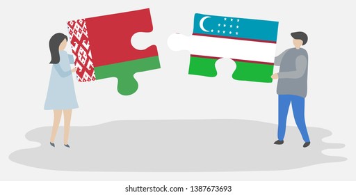 Couple holding two puzzles pieces with Belarusian and Uzbek flags. Belarus and Uzbekistan national symbols together.