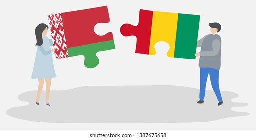 Couple holding two puzzles pieces with Belarusian and Guinean flags. Belarus and Guinea national symbols together.