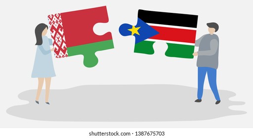 Couple holding two puzzles pieces with Belarusian and South Sudanese flags. Belarus and South Sudan national symbols together.