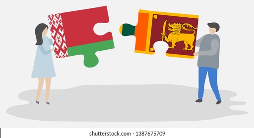 Couple holding two puzzles pieces with Belarusian and Sri Lankan flags. Belarus and Sri Lanka national symbols together.