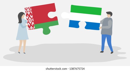 Couple holding two puzzles pieces with Belarusian and Sierra Leonean flags. Belarus and Sierra Leone national symbols together.