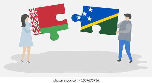 Couple holding two puzzles pieces with Belarusian and Solomon Island flags. Belarus and Solomon Islands national symbols together.