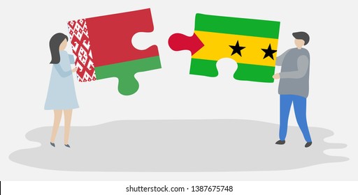 Couple holding two puzzles pieces with Belarusian and Sao Tomean flags. Belarus and Sao Tome and Principe national symbols together.