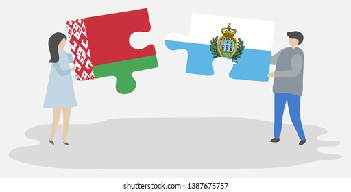 Couple holding two puzzles pieces with Belarusian and Sammarinese flags. Belarus and San Marino national symbols together.