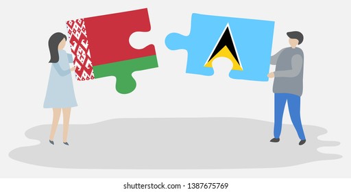 Couple holding two puzzles pieces with Belarusian and Saint Lucian flags. Belarus and Saint Lucia national symbols together.