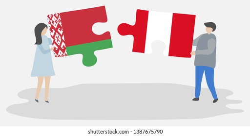 Couple holding two puzzles pieces with Belarusian and Peruvian flags. Belarus and Peru national symbols together.