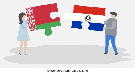 Couple holding two puzzles pieces with Belarusian and Paraguayan flags. Belarus and Paraguay national symbols together.
