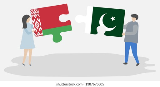 Couple holding two puzzles pieces with Belarusian and Pakistani flags. Belarus and Pakistan national symbols together.