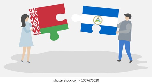 Couple holding two puzzles pieces with Belarusian and Nicaraguan flags. Belarus and Nicaragua national symbols together.