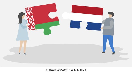 Couple holding two puzzles pieces with Belarusian and Dutch flags. Belarus and Netherlands national symbols together.